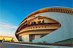 Sunset view of the El Palau de les Arts Reina Sofia, Opera House, from the upper deck of the Umbracle located in the City of Arts and Sciences, Ciutata de les Arts i les Ciencies, Valencia, Spain.