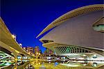 Twilight view of the El Palau de les Arts Reina Sofia, Opera House, and the Pont de Montolivet Bridge located in the City of Arts and Sciences, Ciutata de les Arts i les Ciencies, Valencia, Spain.