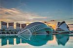 Sunset view of the El Palau de les Arts Reina Sofia, Opera House, the Umbracle,  l'Hemisferic Planetarium and Imax Cinema, located in the City of Arts and Sciences, Ciutata de les Arts i les Ciencies, Valencia, Spain.