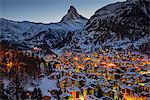 Night skyline with Matterhorn behind, Zermatt, Wallis or Valais, Switzerland