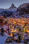 Night skyline with Matterhorn behind, Zermatt, Wallis or Valais, Switzerland