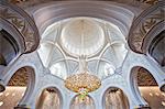 Interior architectural detail and chandeliers of the prayer hall in the the Sheikh Zayed Mosque, Al Maqta district of Abu Dhabi, Abu Dhabi, United Arab Emirates.