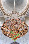 Interior architectural detail and chandeliers of the prayer hall in the the Sheikh Zayed Mosque, Al Maqta district of Abu Dhabi, Abu Dhabi, United Arab Emirates.