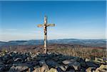 Scenic view of a mountain top (Lusen) with crucifix cross at summit, Bavarian Forest National Park, Bavaria, Germany