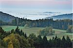 Scenic overview of land and hills on an early, autumn morning with fog, Bavarian Forest National Park, Bavaria, Germany