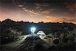 Illuminated tent by night, Joshua Tree National Park, California, US