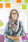 Portrait of smiling businesswoman standing by glass wall with sticky notes in office