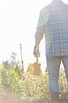 Rear view of gardener holding shovel at plant nursery