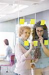 Businesswomen brainstorming with sticky notes in office