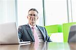 Middle-aged businessman with laptop sitting at conference table