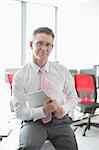 Portrait of confident businessman with tablet PC sitting on desk in office