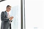 Mature businessman using cell phone by window