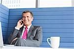 Smiling mature businessman talking on cell phone in office