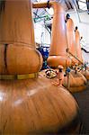 Copper stills for whisky process in traditional Still House part of Visitor Centre visitors tour at Tobermory Distillery, Isle of Mull, Inner Hebrides and Western Isles, Scotland, United Kingdom, Europe