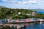 Multi-coloured buildings on the waterfront of Sound of Mull at Tobermory, Isle of Mull, Inner Hebrides, Scotland, United Kingdom, Europe