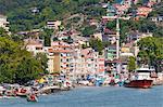 Fishermen and fishing boats, minaret and apartments, Rumeli Kavagi, Upper Bosphorus Strait (European Side), Istanbul, Turkey, Europe