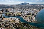 Aerial of Taupo Town and Mount Tauhara, Waikato River and Lake Taupo, North Island, New Zealand, Pacific