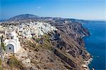 Fira town and greek Church of Saint Stylianos, Firostefani, Santorini (Thira), Cyclades Islands, Greek Islands, Greece, Europe