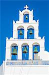 Greek church bell tower of Panagia Platsani, Oia, Santorini (Thira), Cyclades Islands, Greek Islands, Greece, Europe