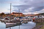 Boats moored in Porlock Weir Harbour in summer, Exmoor, Somerset, England, United Kingdom, Europe