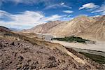 Looking down towards Khalsar village in the Nubra Valley, Khalsar, Ladakh, India, Asia