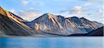 First light on the mountains flanking the lake of Tso Pangong, Ladakh, India, Asia
