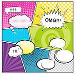 Vector template a typical comic book page with various speech bubbles, symbols and colored Halftone Backgrounds.