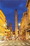 The Asinelli and Garisenda towers in the historic centre of the city of Bologna, UNESCO World Heritage Site, Emilia-Romagna, Italy, Europe