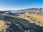 aerial view of Horsetooth Reservoir and dam at Colorado foothills near Fort Collins, fall scenery