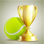 Golden trophy cup with a Tennis ball.  Vector illustration