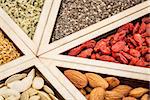 superfood abstract - dried goji berries, golden flax, pumpkin seeds, almonds, chia seeds and hemp seed hearts