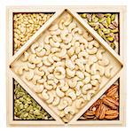 cashew and other nuts (pecan,  almond, pine, pistachio, peanut) in a geometrical wood tray
