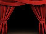 3d illustration of opened red curtains and dark scene