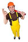 happy builder with helmet on a white background