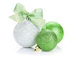 Christmas baubles and green ribbon. Isolated on white background