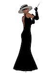 A beautiful woman in a  black dress, hat and gloves in the style of old Hollywood glamour.
