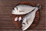 Two fresh sea bream with colorful peppercorn and onion on round wooden chopping board on brown background. Natural seafood background in brown, top view.