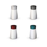 Four gray containers with colored caps for salt, pepper, paprika or other spices. Isolated vector illustrations on white background.