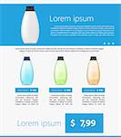 Flat vector illustration of colored shampoo bottles with sample text and price on blue and white background.