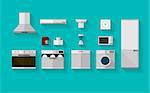 Set of gray flat vector icons with household appliances for kitchen on blue background.