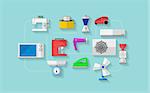 Set of colored flat vector icons with household appliances on blue background.