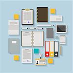 Flat icons colored vector collection of business or office workflow items on blue background.