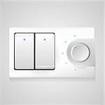 White modern double switch with black frame and circle dimmer with blue elements. Isolated vecotr illustration on gray background.