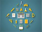 Flat icons colored vector collection of school items on blue background.