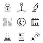 Set of black silhouette vector icons with elements for bacteriology research on white background.