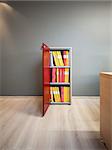 Office cabinet with open door and an array of files kept on shelves