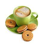 Green cup of coffee with biscuits. Isolated on white.