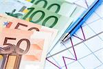 Financial concept. European Union Currency near pen on paper background with chart