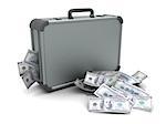 3d illustration of closed suitcase with money, over white