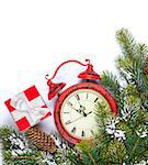 Christmas background with clock, gift box, snow fir tree and copy space